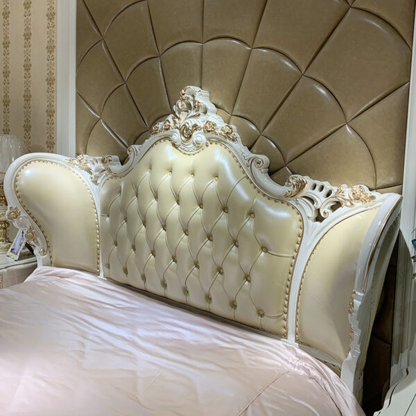 Luxury European Style Hotel Hand Carved Wooden Furniture Bedroom Double Bed Genuine Leather Bed - Image 2