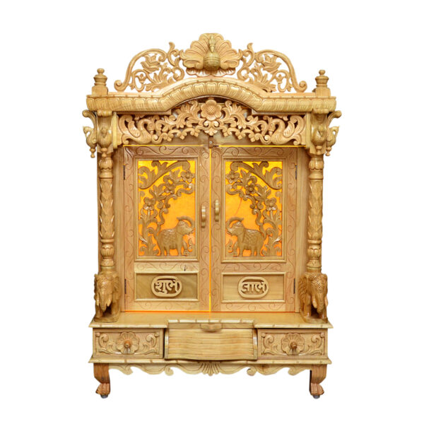 Traditional Handcarving Sevan Wood Mandir with Natural Polish & LED Lights – Shalvika Living Innovations - Image 5