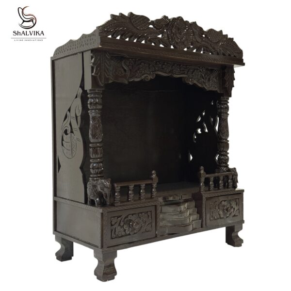 “Teak Wood Hand Carving Dark Polish Mandir – Elegant Pooja Temple for Home”