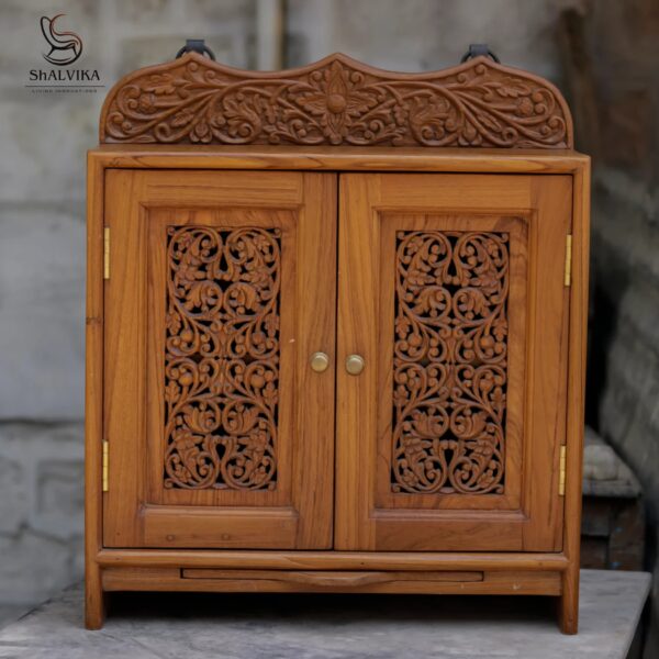 Wooden Double Door Wall Hanging Altar for Home – Natural Indian Teak | Shalvika Living Innovations