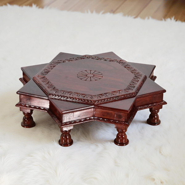 Wooden Star Shape Handcrafted Puja Chowki | Designer Home Temple Chowki by Shalvika Living Innovations