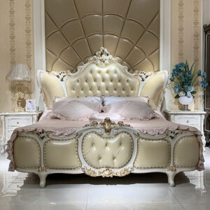 Luxury European Style Hotel Hand Carved Wooden Furniture Bedroom Double Bed Genuine Leather Bed