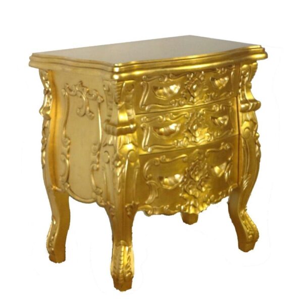 Wooden Hand Carved Bed with 2 Side Table in Gold Deco Paint - Image 4