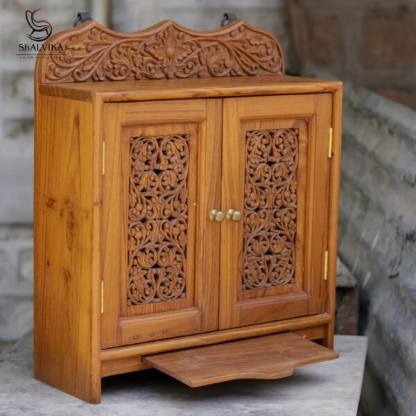 Wooden Double Door Wall Hanging Altar for Home – Natural Indian Teak | Shalvika Living Innovations