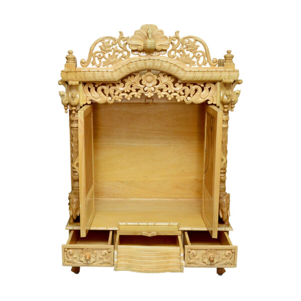 Traditional Handcarving Sevan Wood Mandir with Natural Polish & LED Lights – Shalvika Living Innovations - Image 4