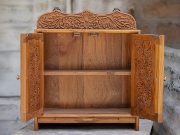 Wooden Double Door Wall Hanging Altar for Home – Natural Indian Teak | Shalvika Living Innovations