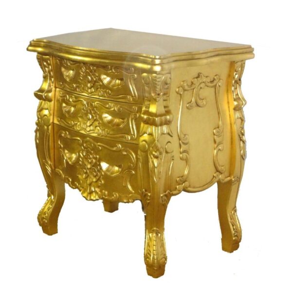 Wooden Hand Carved Bed with 2 Side Table in Gold Deco Paint - Image 5