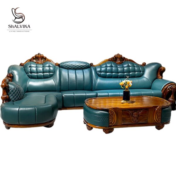 Wooden Carved Corner Sofa Set – Luxury Handcrafted L-Shape Sofa for Living Room