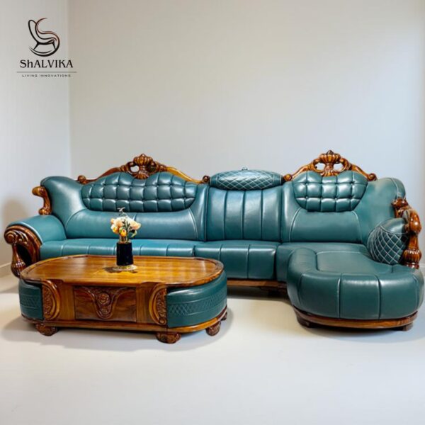Wooden Carved Corner Sofa Set – Luxury Handcrafted L-Shape Sofa for Living Room