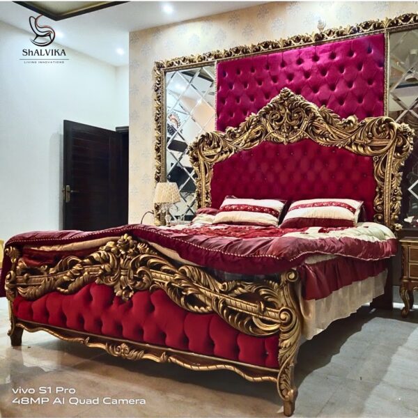 Wooden Royal Handcarved Designer Bed by Shalvika Living Innovations Luxury Antique Style Wooden Bed with Handcrafted Carvings Premium Handmade Wooden Designer Bed for Bedroom Décor Royal Style Wooden Bed Online – Shalvika Living Innovations Handcarved Wooden Antique Bed – Premium Bedroom Furniture