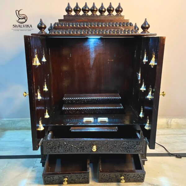 Spiritual South Indian Teak Mandir for Home with Bells – 39"x26"x14"