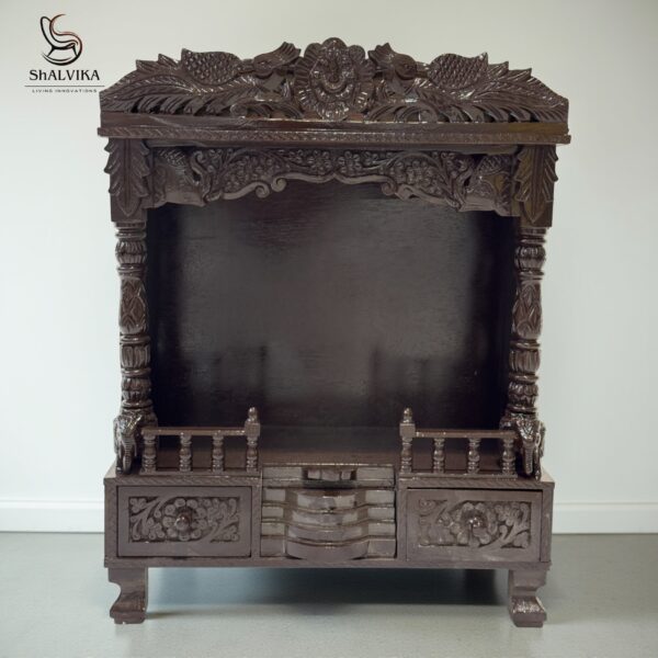 “Teak Wood Hand Carving Dark Polish Mandir – Elegant Pooja Temple for Home”