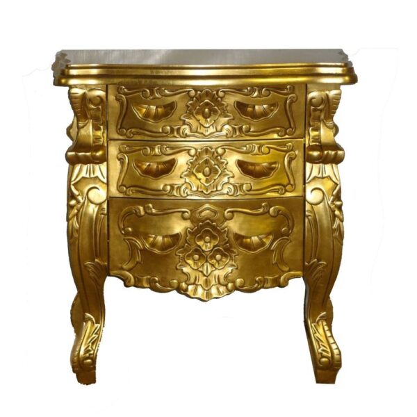 Wooden Hand Carved Bed with 2 Side Table in Gold Deco Paint - Image 3