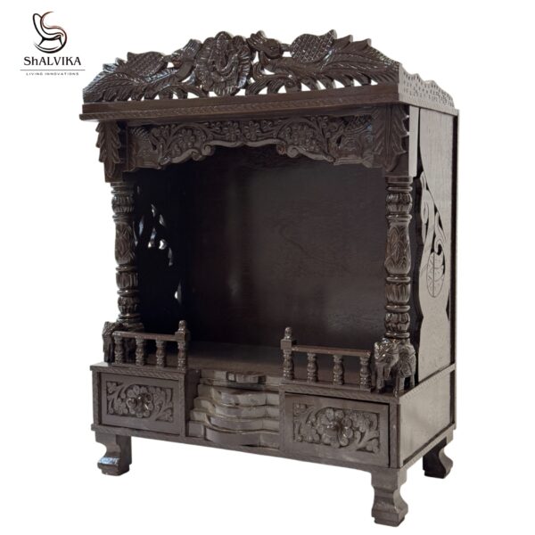 “Teak Wood Hand Carving Dark Polish Mandir – Elegant Pooja Temple for Home”
