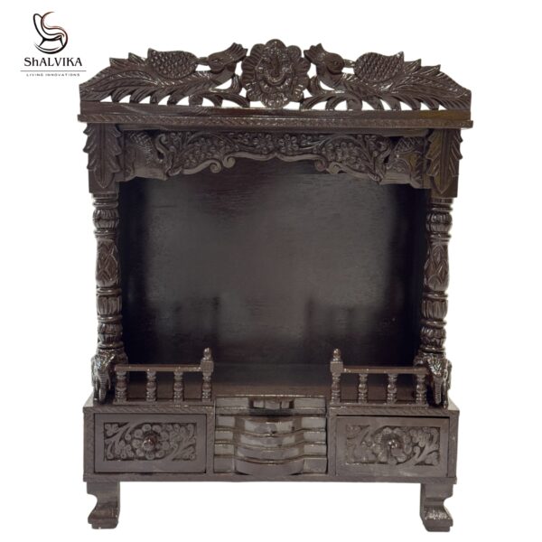 “Teak Wood Hand Carving Dark Polish Mandir – Elegant Pooja Temple for Home”