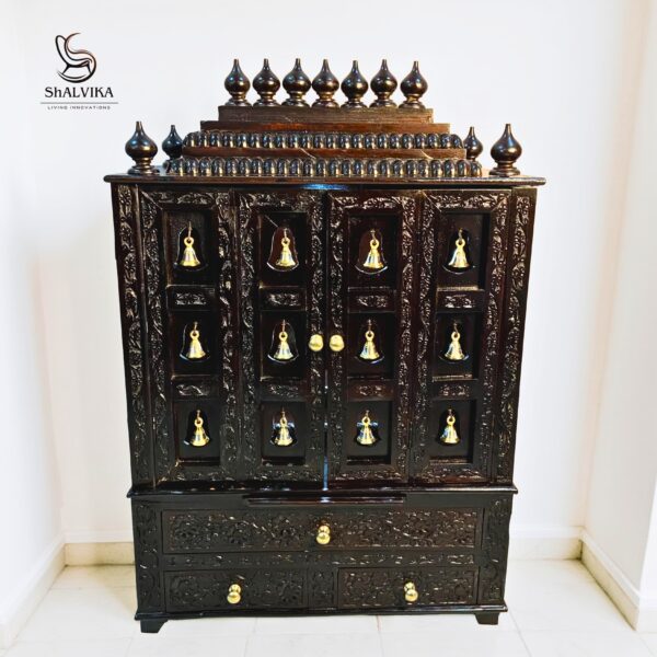 Teak Wooden South Indian Style Pooja Mandir with Bells Door – 39" Height x 26" Width x 14" Depth