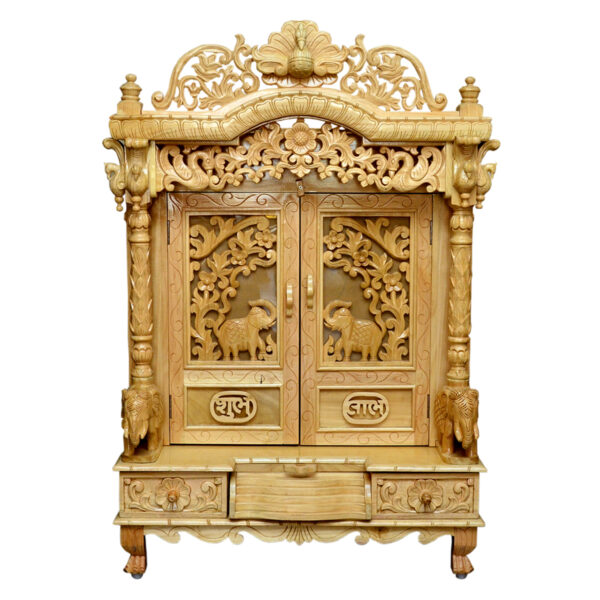 Traditional Handcarving Sevan Wood Mandir with Natural Polish & LED Lights – Shalvika Living Innovations