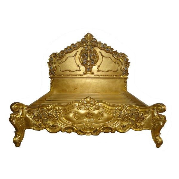 Wooden Hand Carved Bed with 2 Side Table in Gold Deco Paint - Image 2