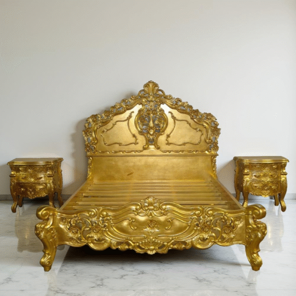 wooden handcarved bed with 2 side table in gold deco paint