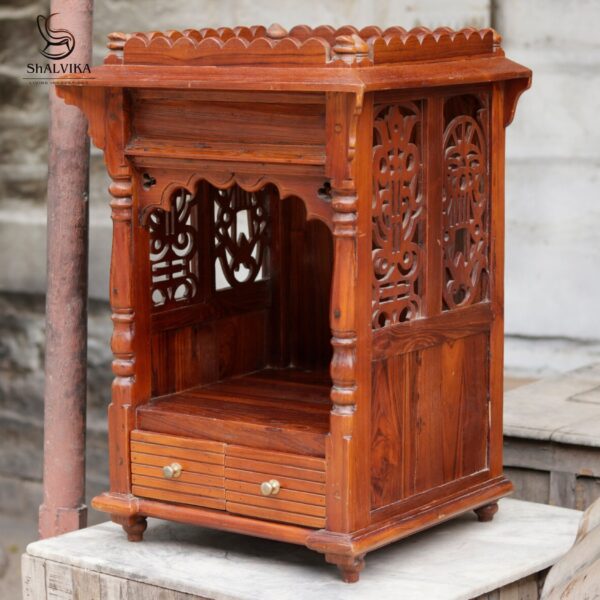 Elegantly Top Carved 2 Drawer Handmade Wooden Small Temple for Home – Shalvika Living Innovations
