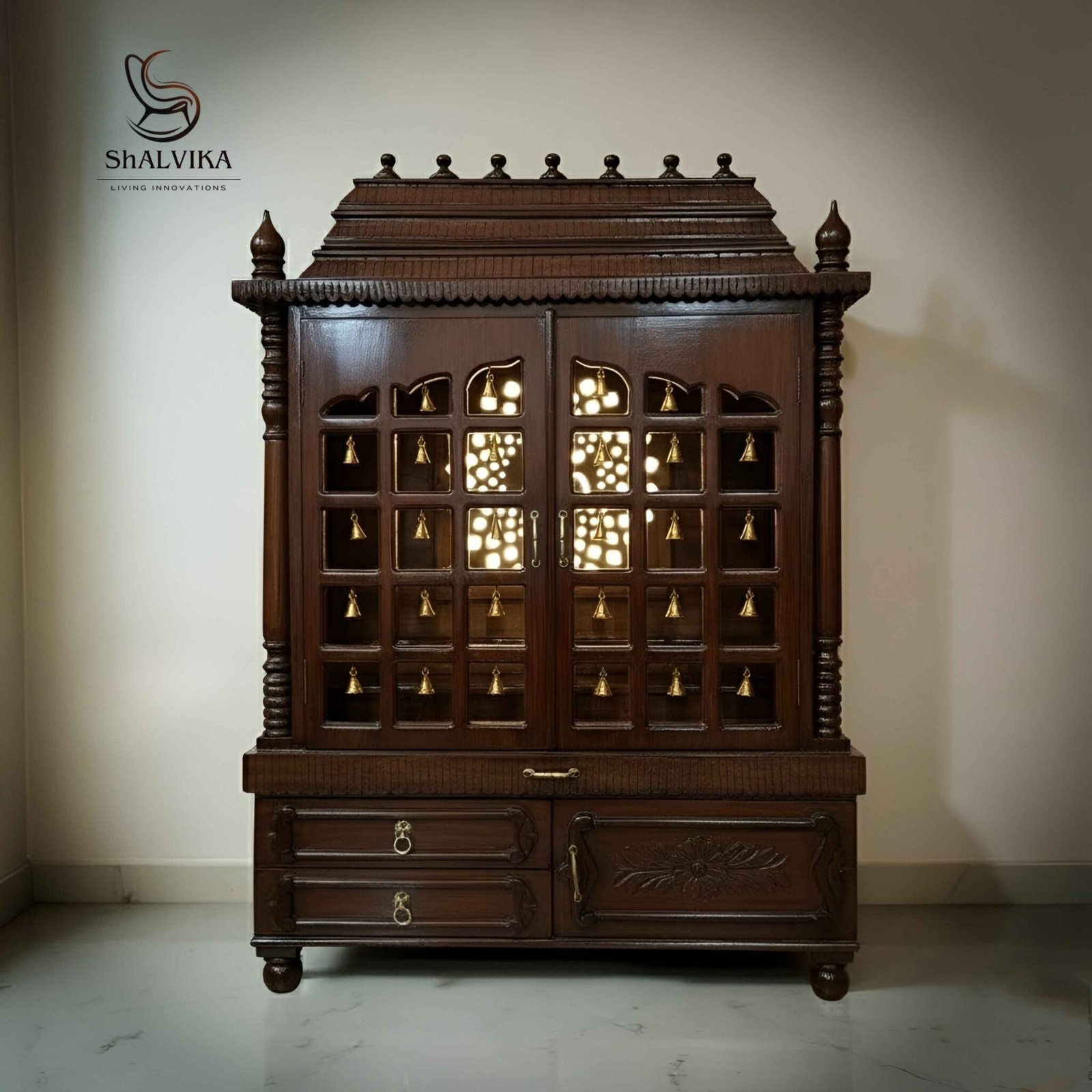 Teak Wood Mandir with Bells Door Elegant