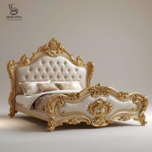 Wooden Carved Bed in Gold Finish