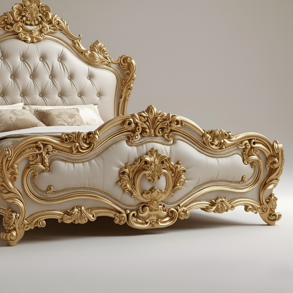 Wooden Carved Bed in Gold Finish