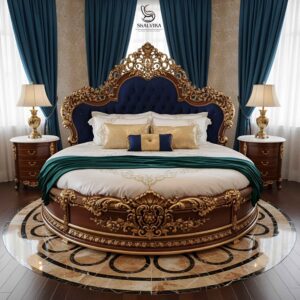 Wooden Luxury Round Bed with Gold Highlights