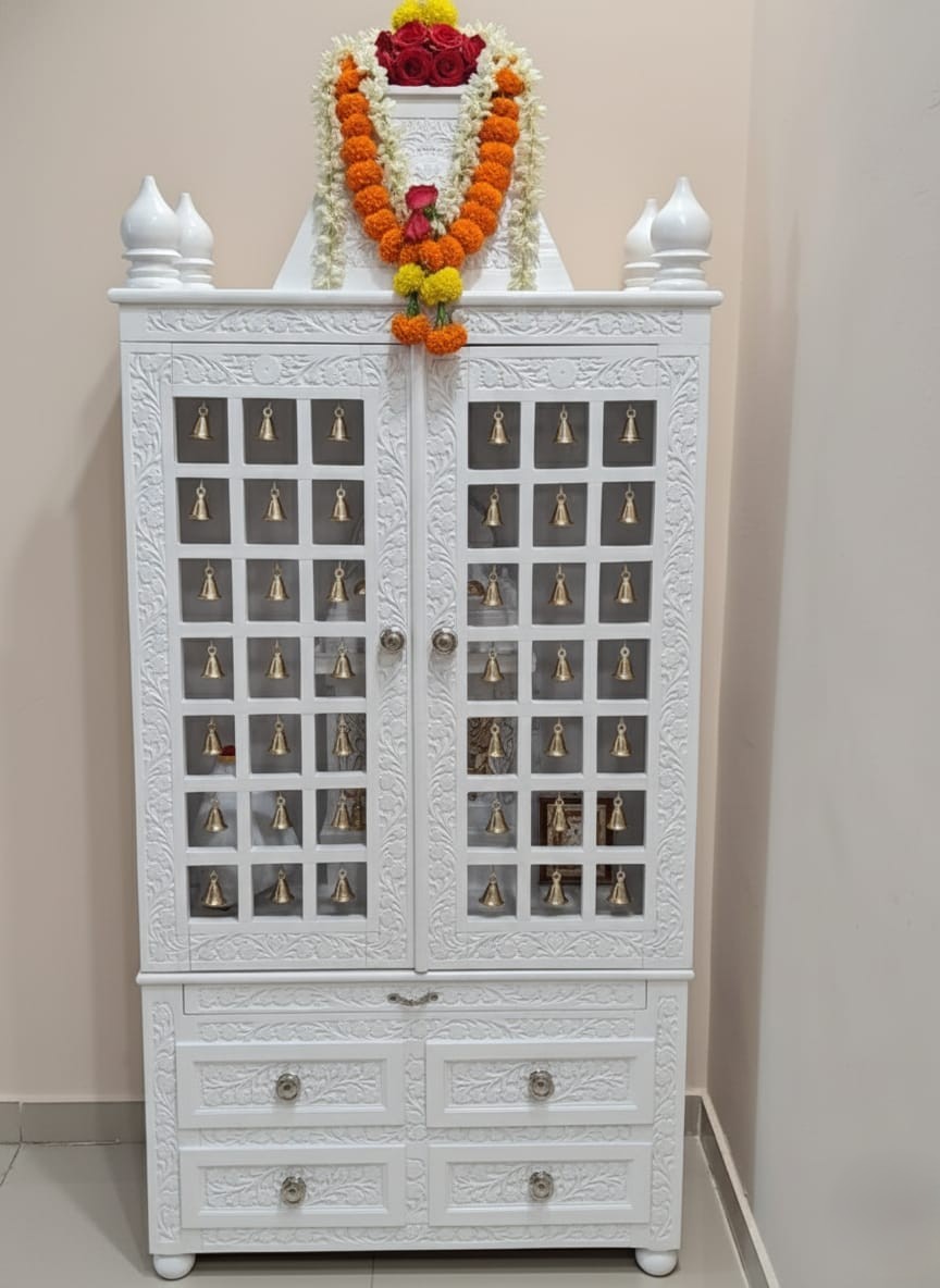 Wooden Puja Temple with Bells Door