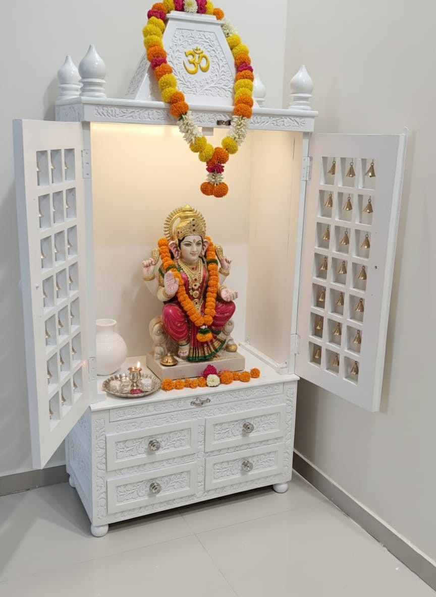 Wooden Puja Temple with Bells Door