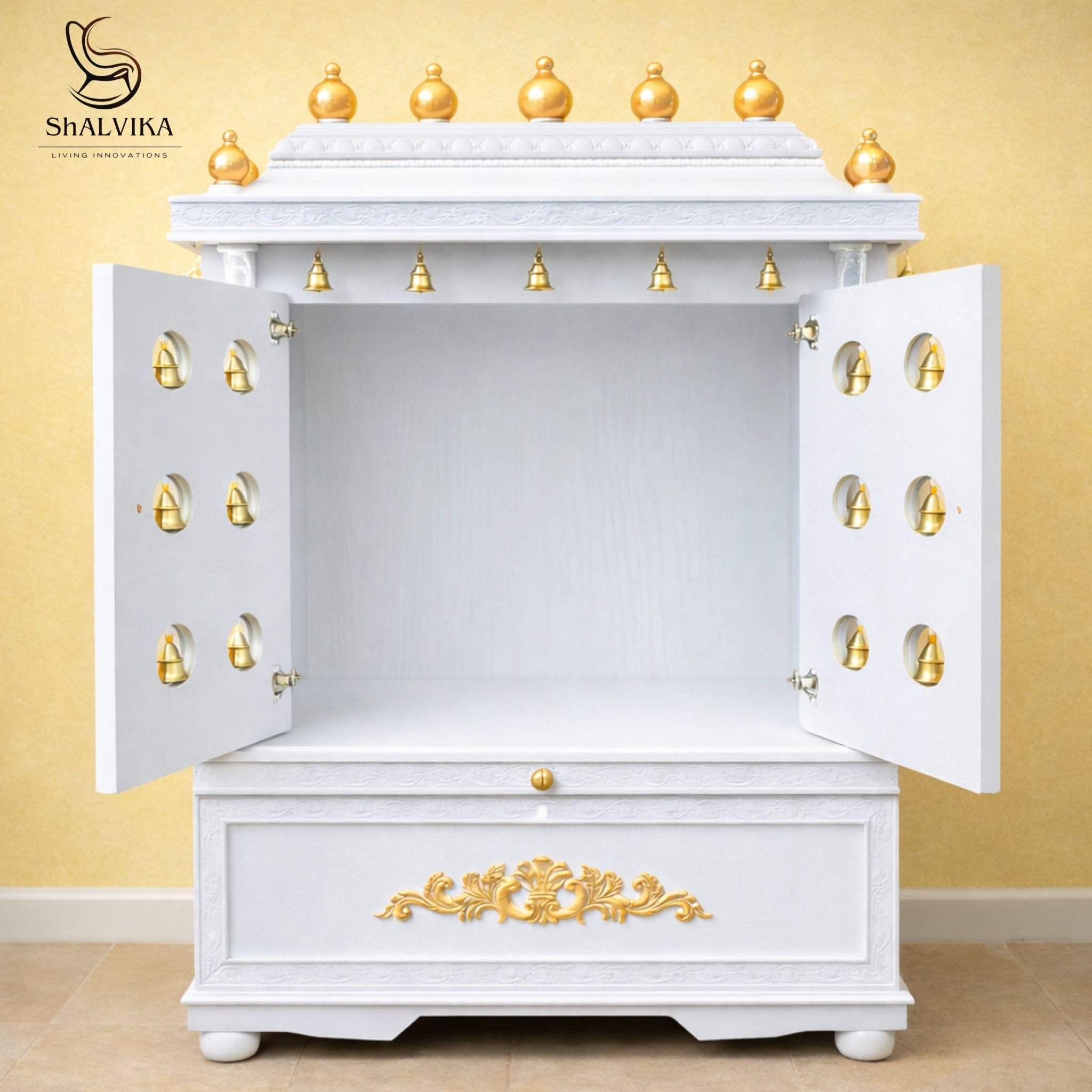 Wooden Puja Temple with Bells Door