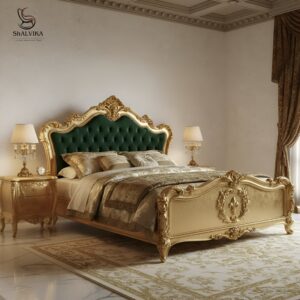 Wooden Royal Bed Design in Gold Finish
