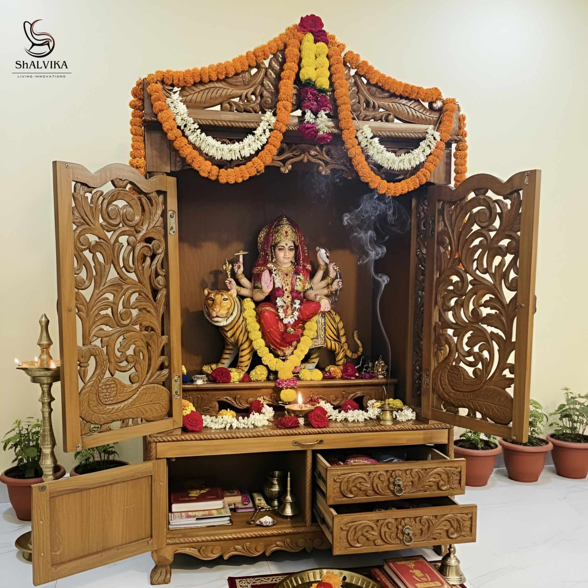 Wooden Mandir with Door for Home