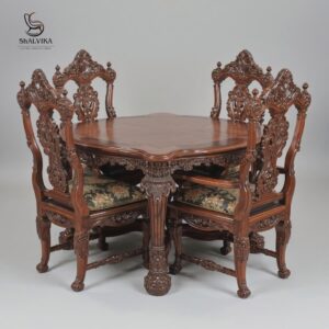 Carved 4 Seater Dining Table with 4 Chairs in Teak Wood