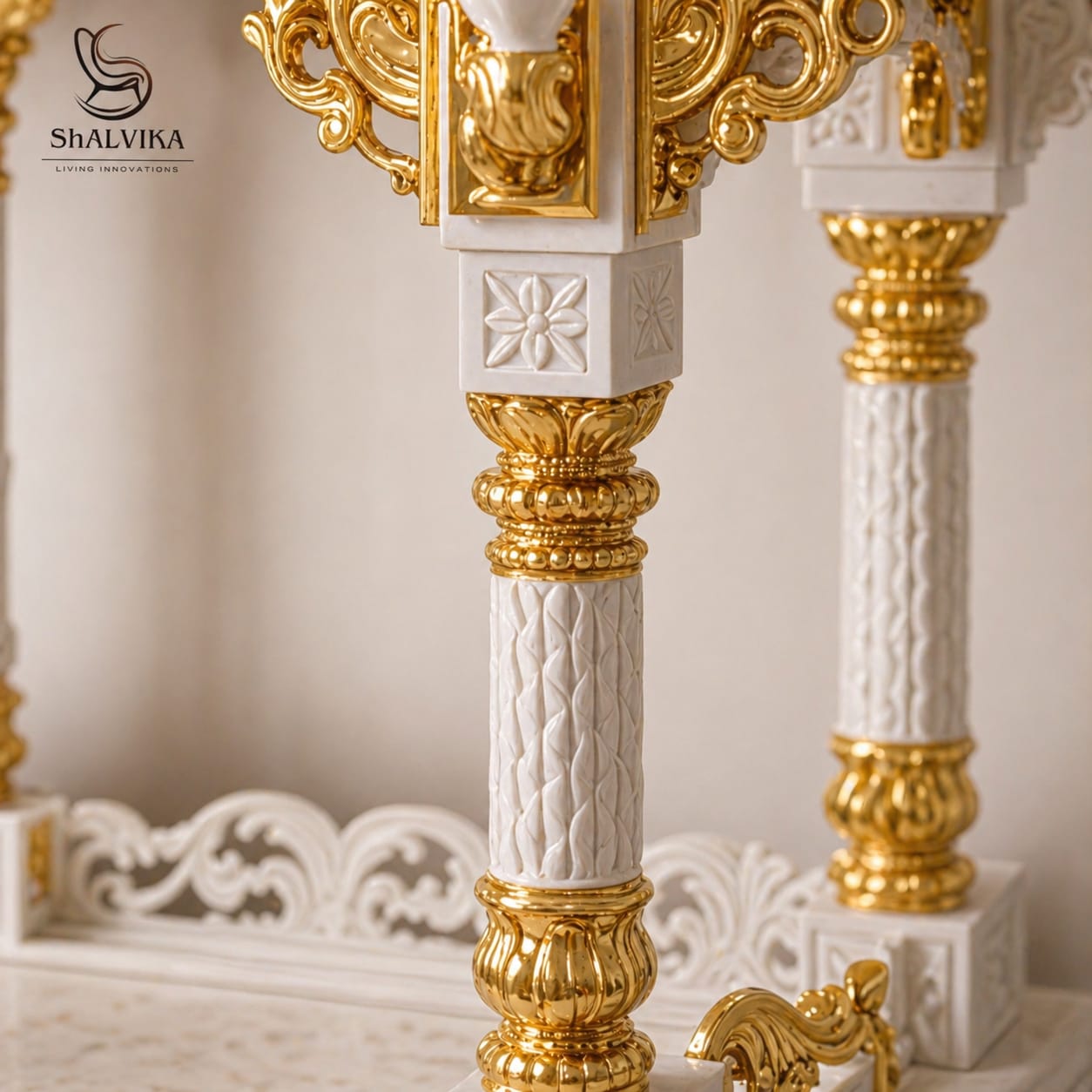 Design of Wooden Mandir with Gold Highlighting