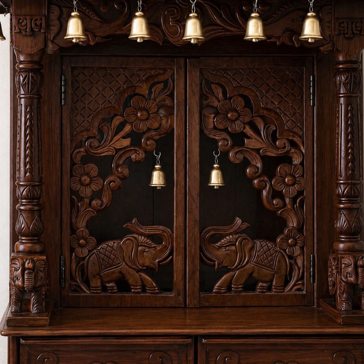 Elephant Design Puja Mandir with Door and Bells