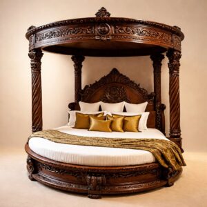 Round Bed King Size Fully Carved in Teak