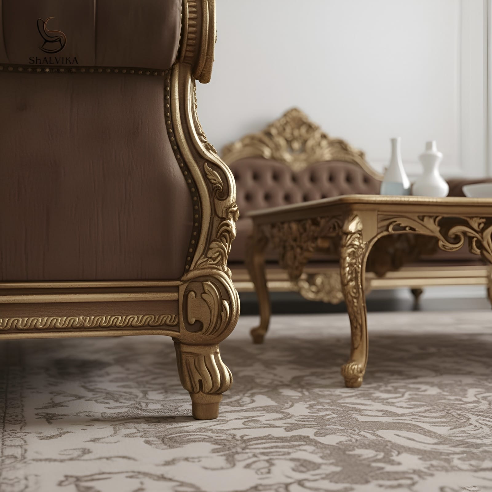 Wooden Royal Sofa Set with Antique Gold Finish by Shalvika Living