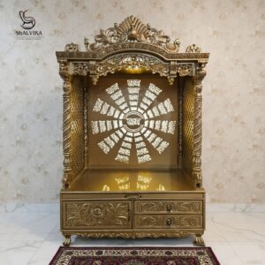 Wooden Carved Mandir in Antique Gold