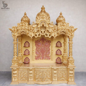 Wooden Mandir Design in Antique Gold