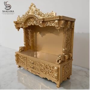 Wooden Mandir Design in Antique Gold