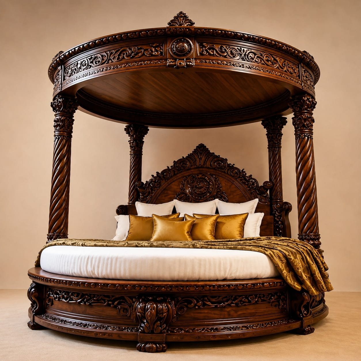 Luxury Round Bed King Size Design in Teak Wood by Shalvika Living