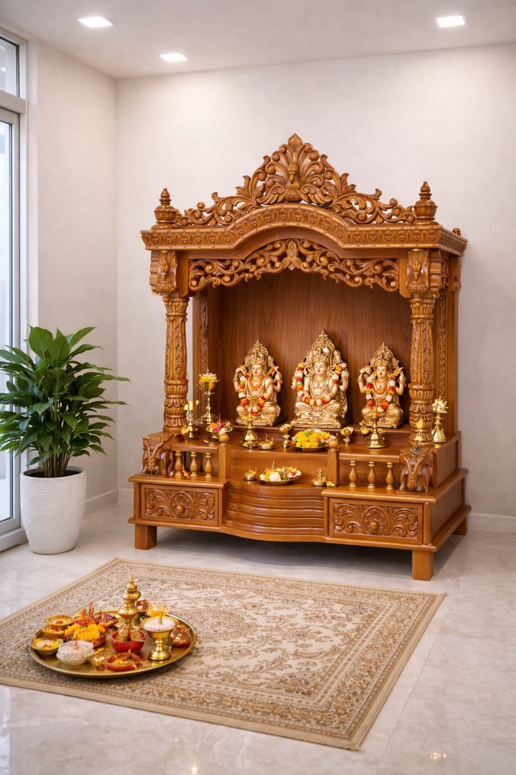 Wooden Home Mandir Design in Teak Wood