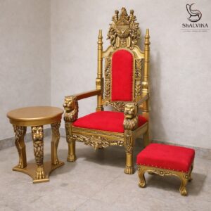 Lion Handle Carved Wood Throne Chair for Guruji