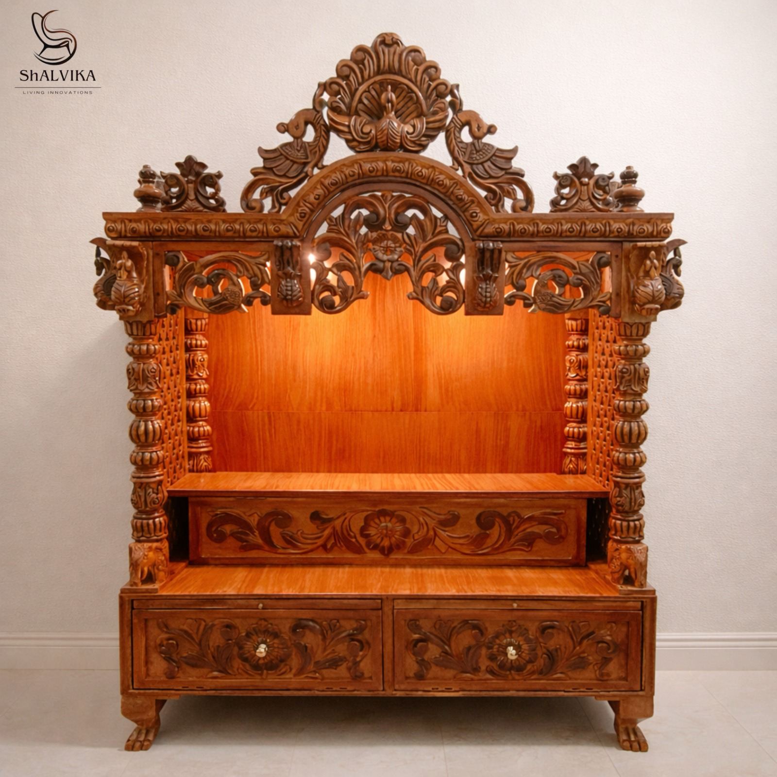 Wooden Temple For Home Design with Lights by Shalvika Living Innovations