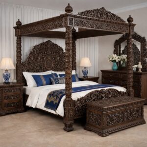 Premium Solid Wood Poster Bed with Intricate Carving