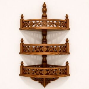 Handcrafted Wooden Corner Wall Shelf with Floral Carving