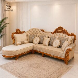 Luxury Wooden L Shape Sofa Set with Carving