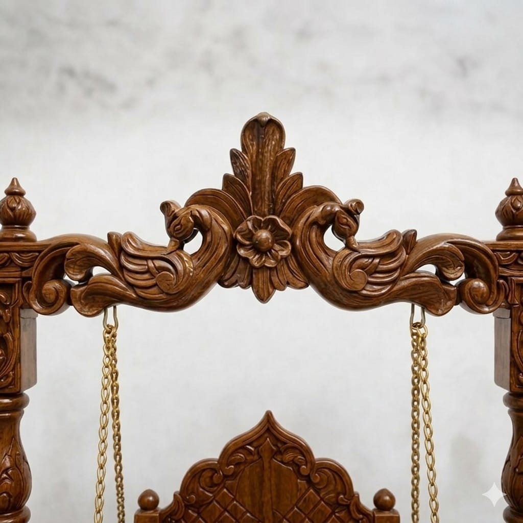 Close-up of Laddu Gopal Jhula design with intricate teak wood carving detail for home temple