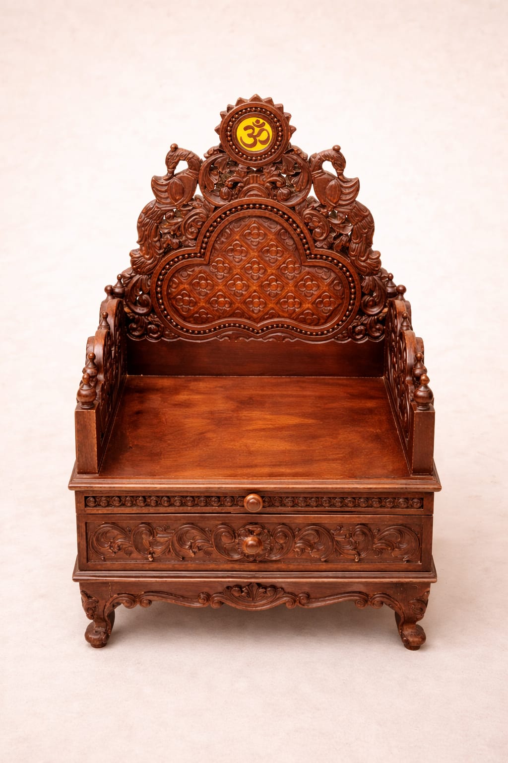 Hand-carved premium Teak Wood Puja Chowki with storage for home temple, handcrafted in Saharanpur by Shalvika Living
